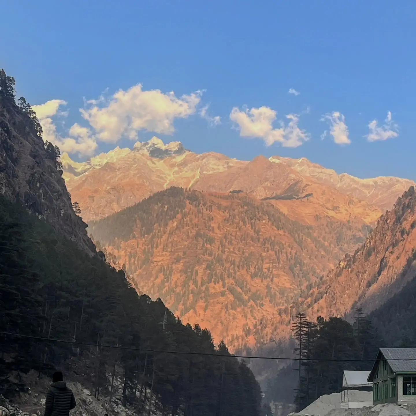 Autumn-coloured mountain slopes rising above a forested valley
