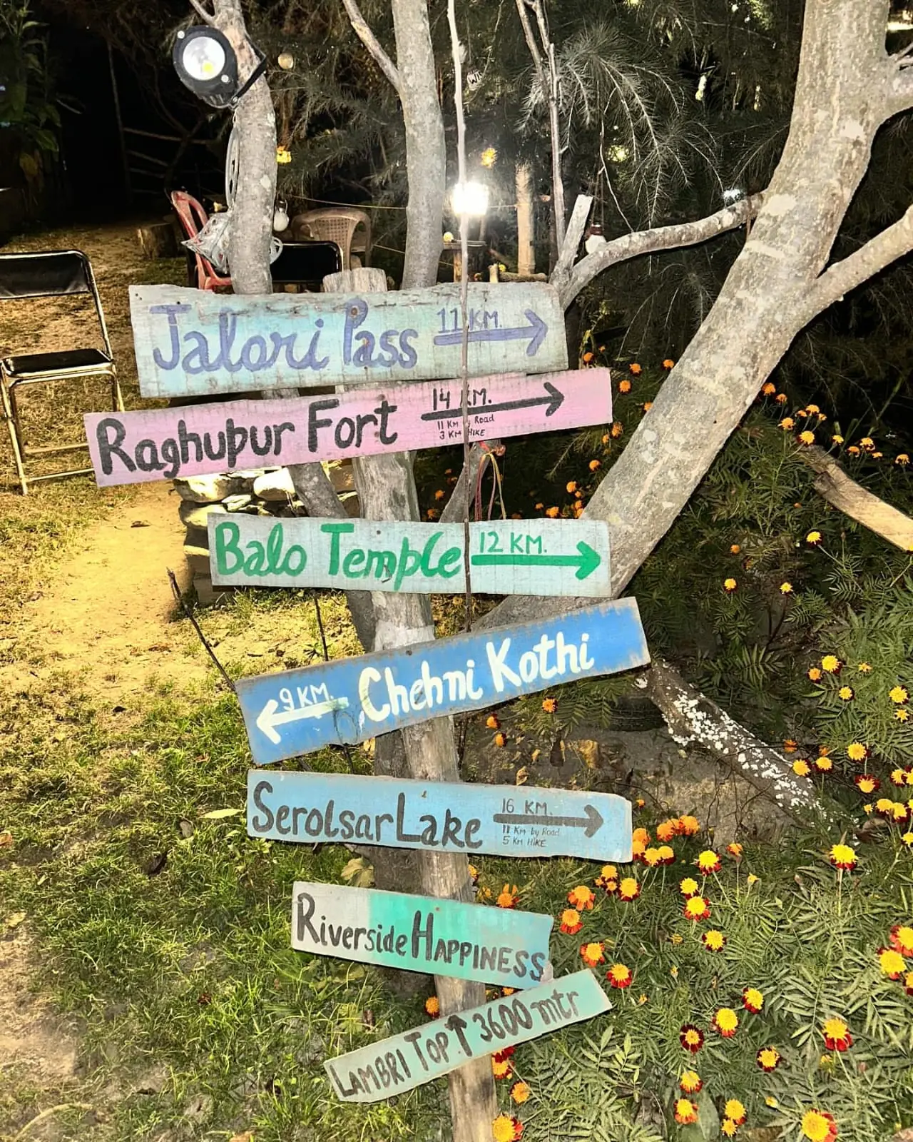 Hand-painted signposts pointing to Jalori Pass, Chehni Kothi and Serolsar Lake near Jibhi